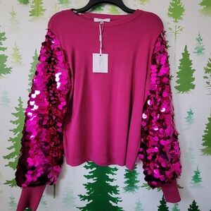 Sioni Milano Sequin Sleeve Fuschia Pink Sweater.